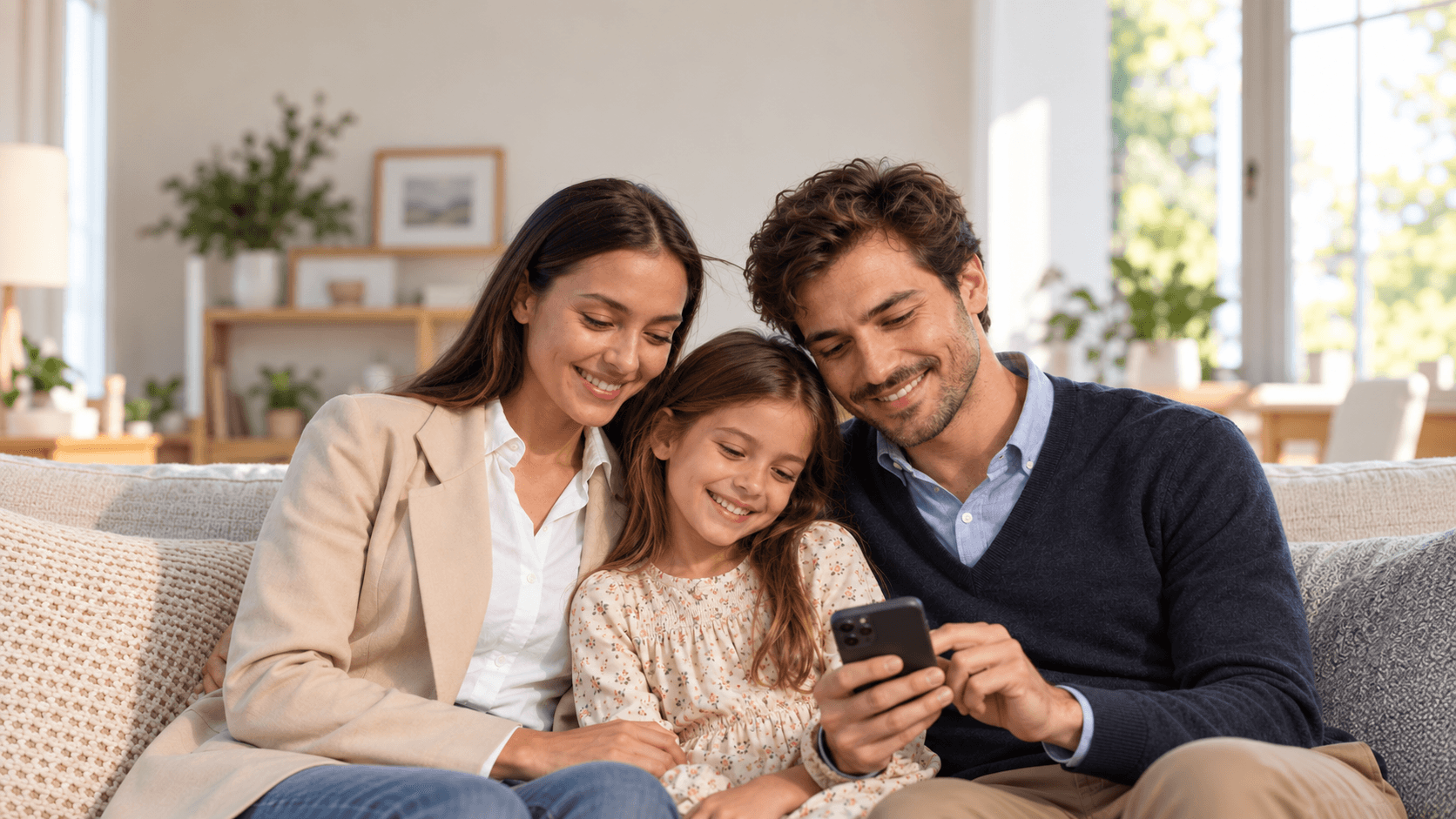Família no sofá preenchendo o contato pelo celular