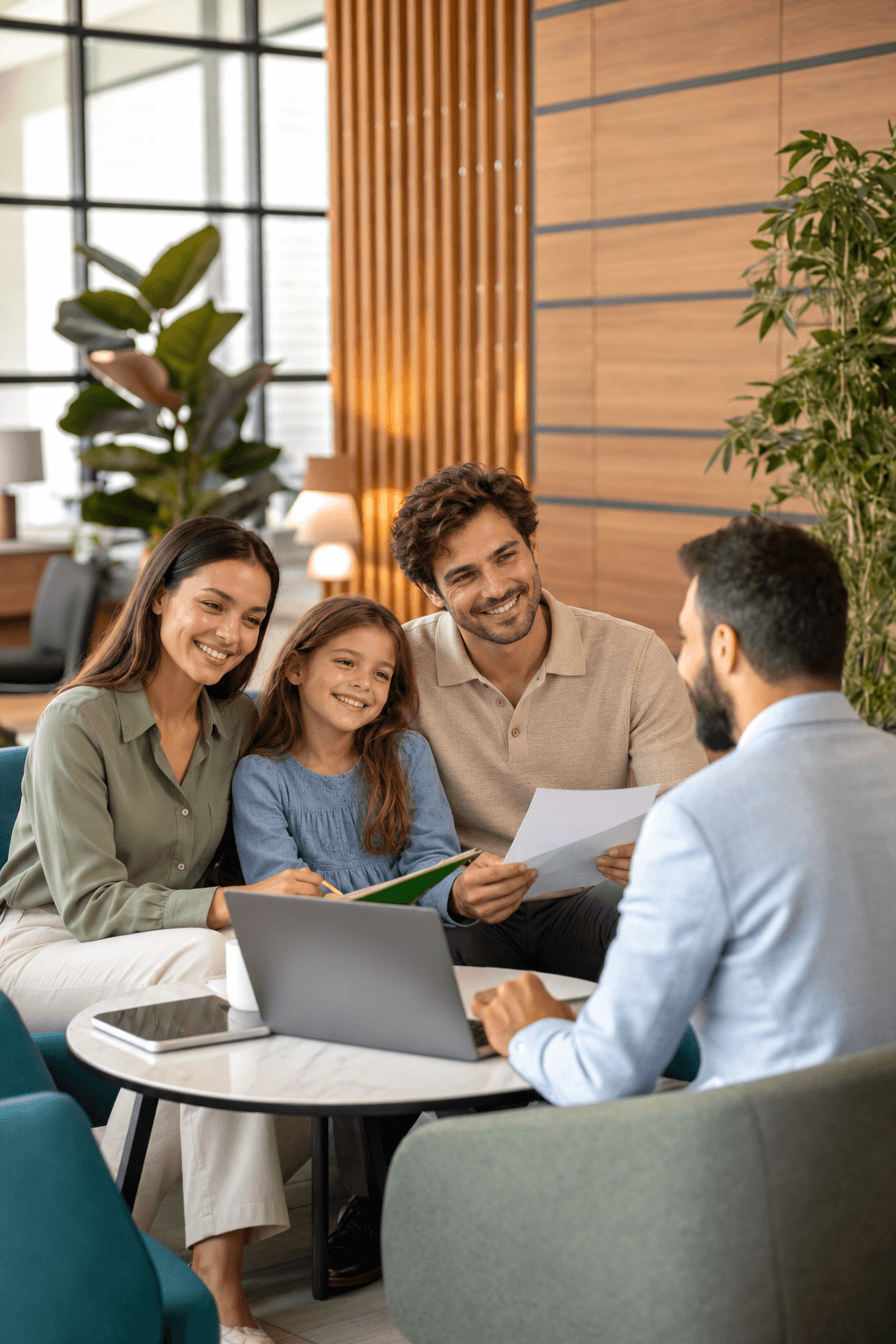 Família conversando com um especialista do Ecoville