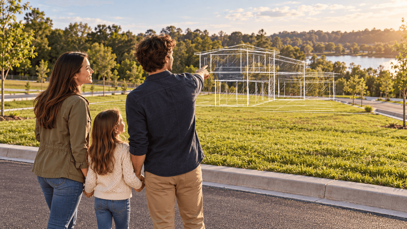 Família em frente ao lote imaginando a casa que vão construir